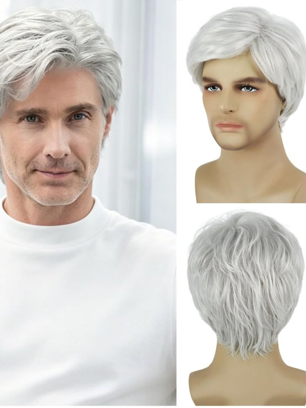 Mens Silver White Wig Short Layered Natural Wavy Heat Resistant Synthetic Wig